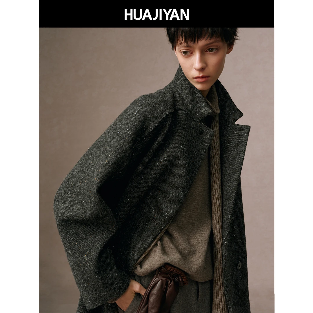 华吉言/HUAJIYAN【卢森堡】100羊毛粗纺杂花毛呢立领中长款外套大衣
