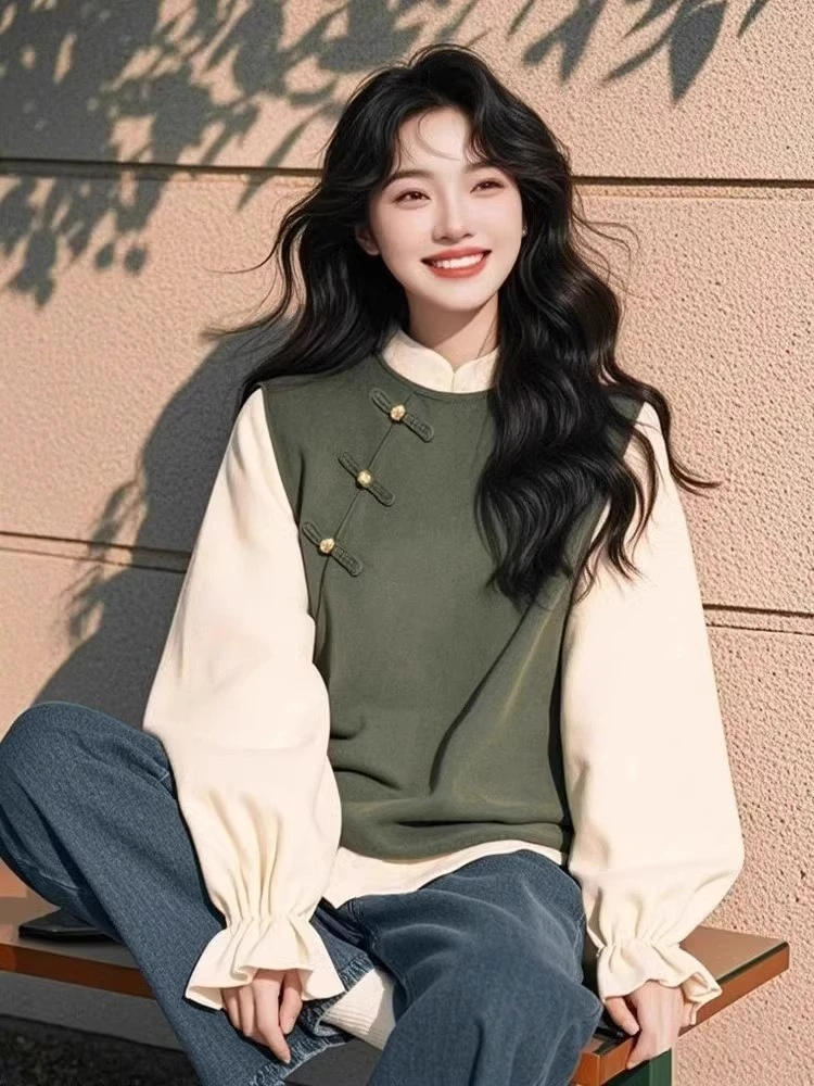 大码女装春季穿搭一整套女新中式国风绿色假两件上衣阔腿裤两件套