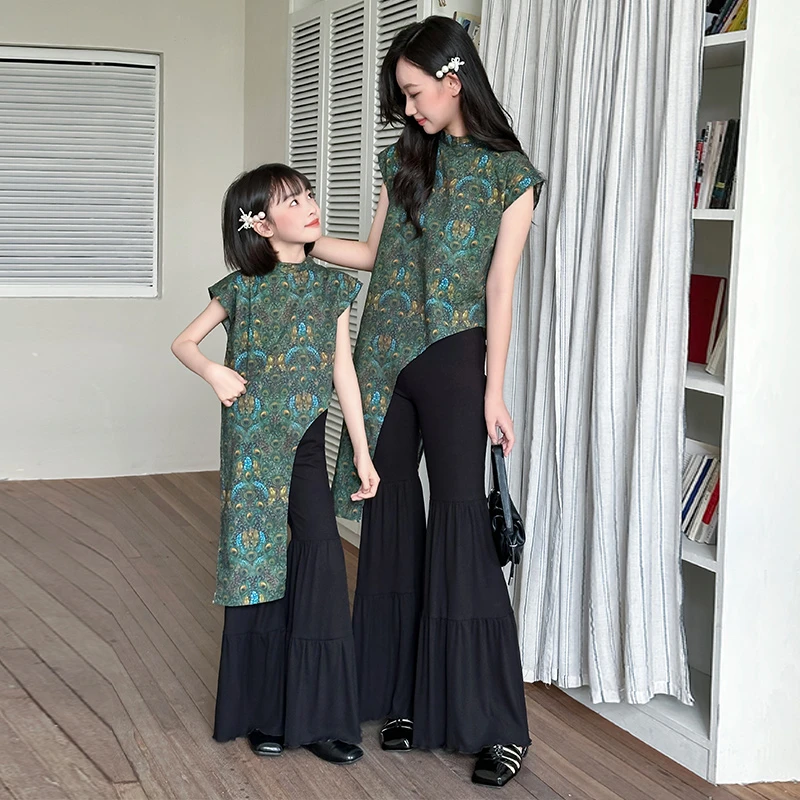 女童亲子装新中式复古旗袍喇叭裤两件套装2025夏季中大童国风潮