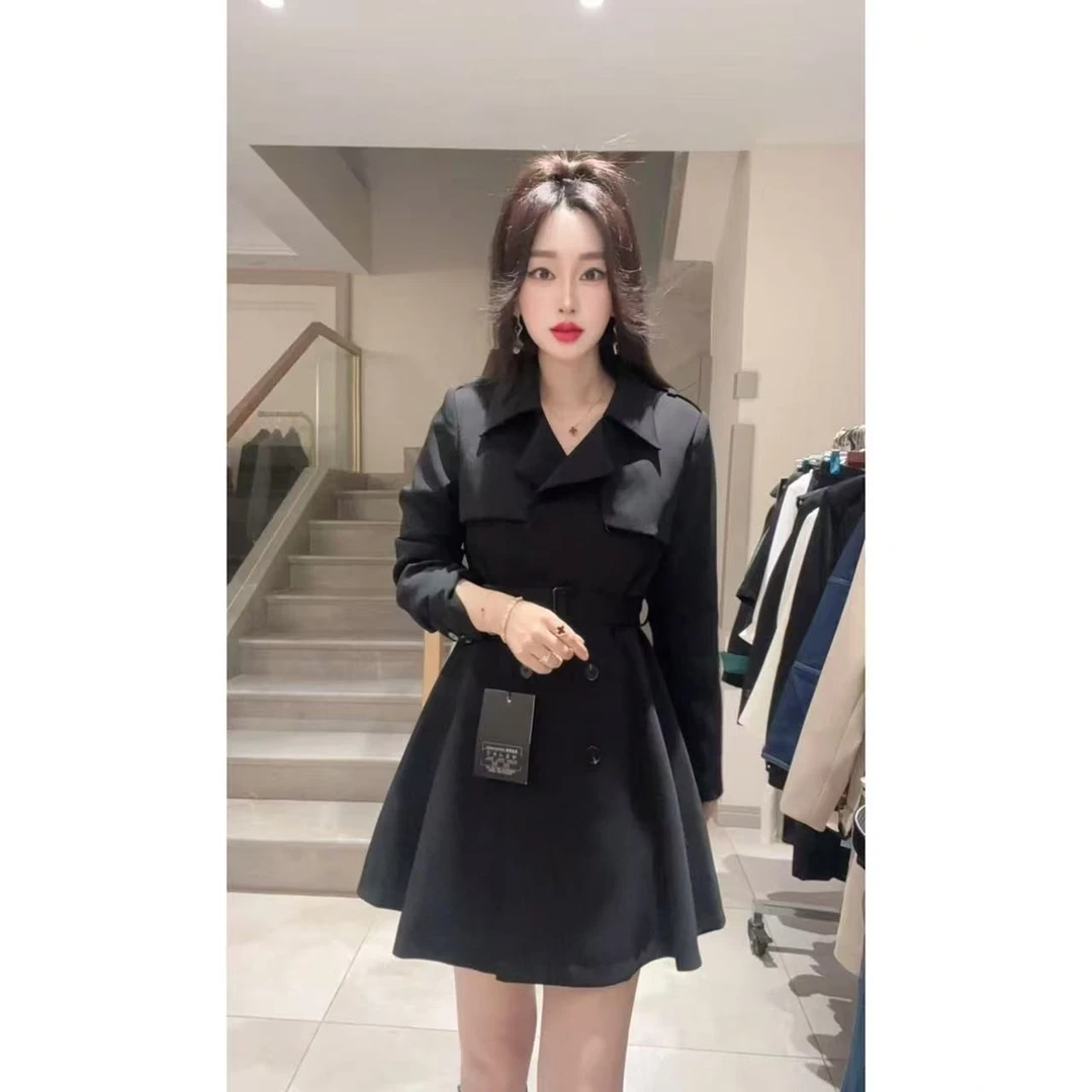 秋款韩版英伦风时尚翻领长袖中长款收腰秋冬气质风衣外套【2506】