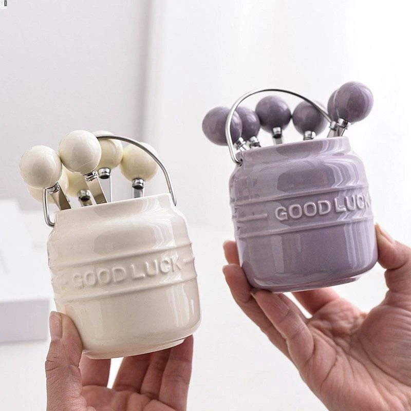 ins水果叉套装甜品叉子收纳罐儿童304不锈钢水果签创意ktv小叉子