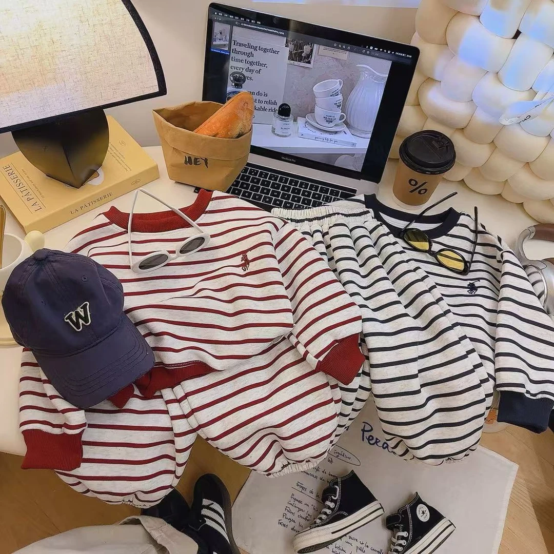 【经典条纹刺绣】儿童套装2025新款洋气卫衣春装大童春季运动童装