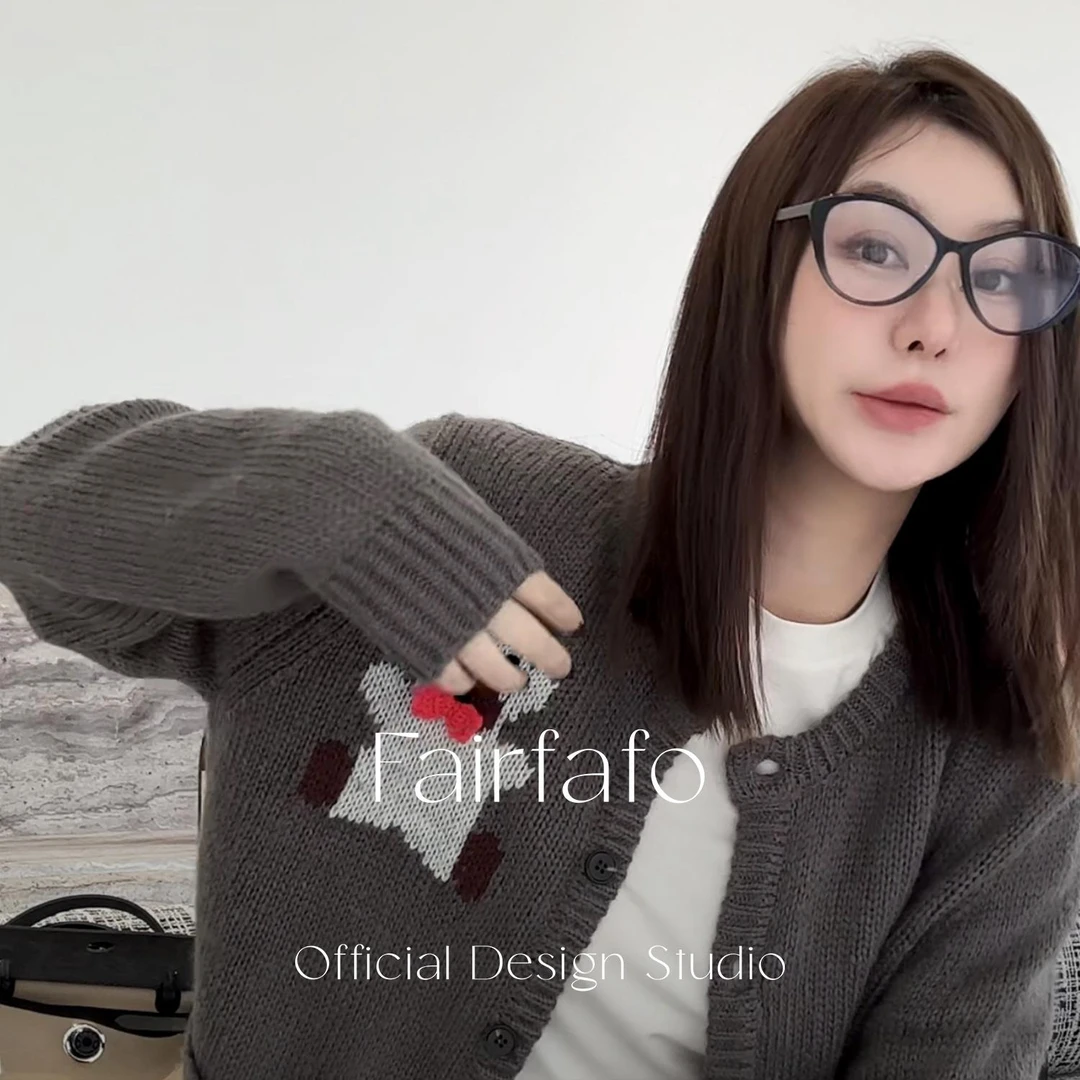 【蝴蝶结小熊开衫毛衣】NYMY59183宽松舒适温柔风百搭韩版毛衣