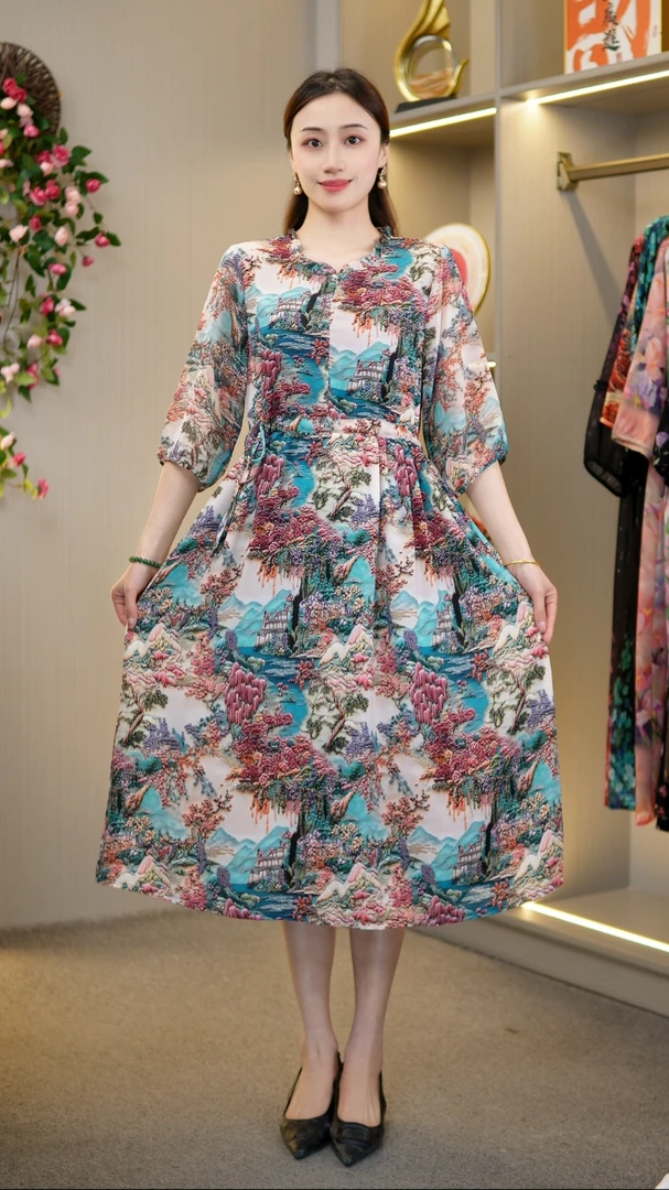 妈妈装连衣裙新款中袖女装【青山绿水】YX