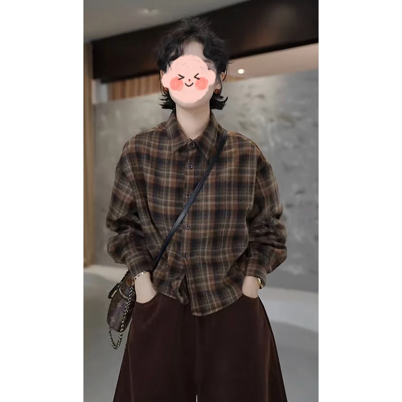 翻领磨毛撞色格子衬衫女2025秋冬新款时尚复古叠穿单排扣开衫上衣