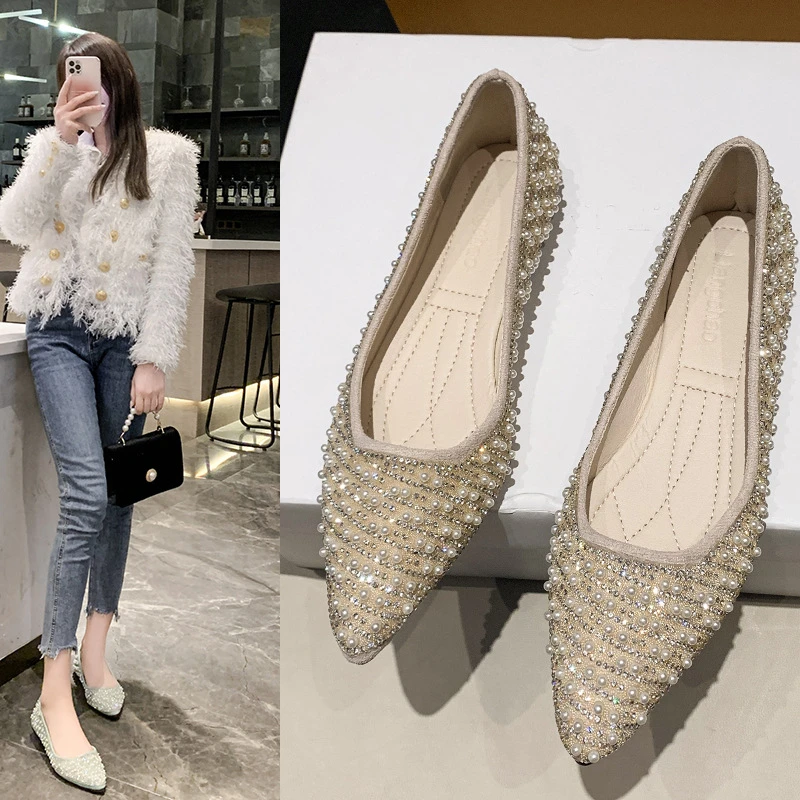 水钻珍珠尖头女鞋夏款仙女风浅口中跟软新中粗跟玛丽珍单鞋