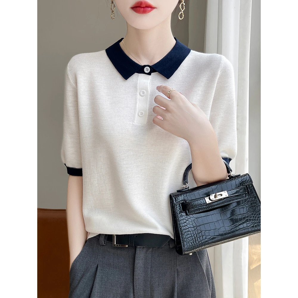Polo领拼接韩系短袖上衣夏新款百搭透气拼色套头薄款针织 短袖T恤