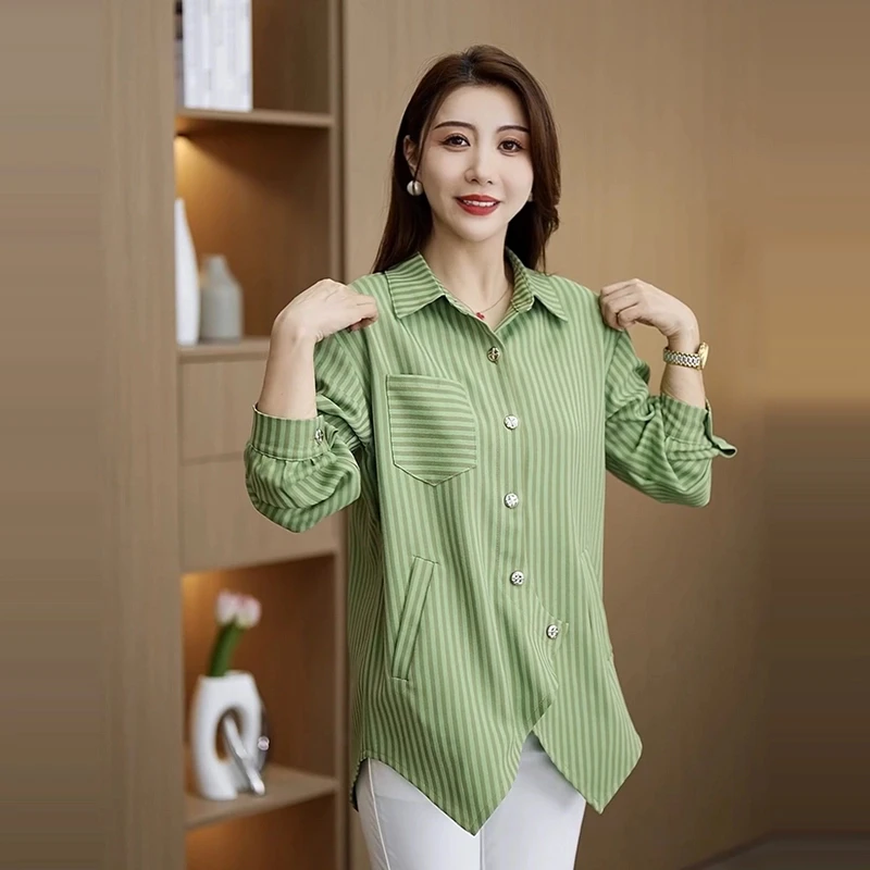 2025春秋新款宽松上衣秋季遮肉显瘦大码衬衣中长款长袖衬衫外套女