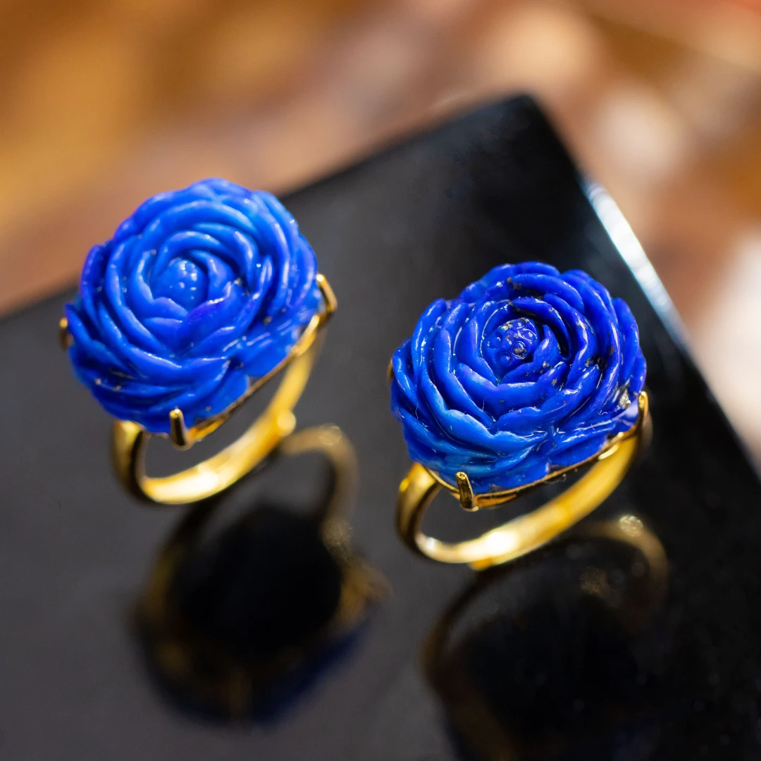 S925银镶嵌青金石牡丹花戒指（多样性发货 发其一）