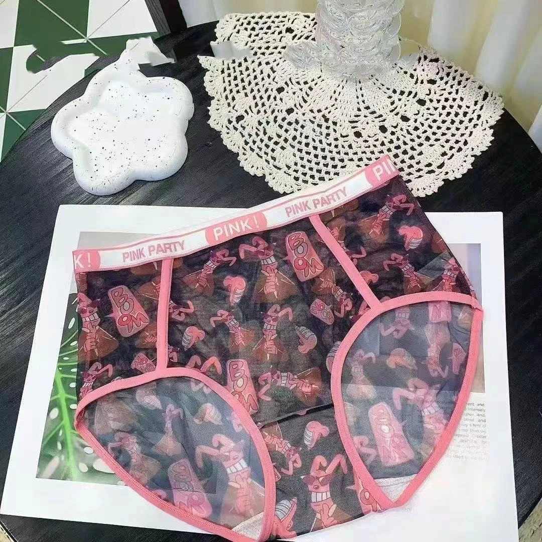 卡通网纱大码胖mm高腰内裤女士性感镂空蕾丝薄款透气女三角内裤