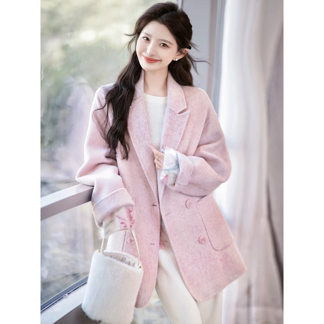 粉色秋冬季节新款西装版大衣女颜色粉红色