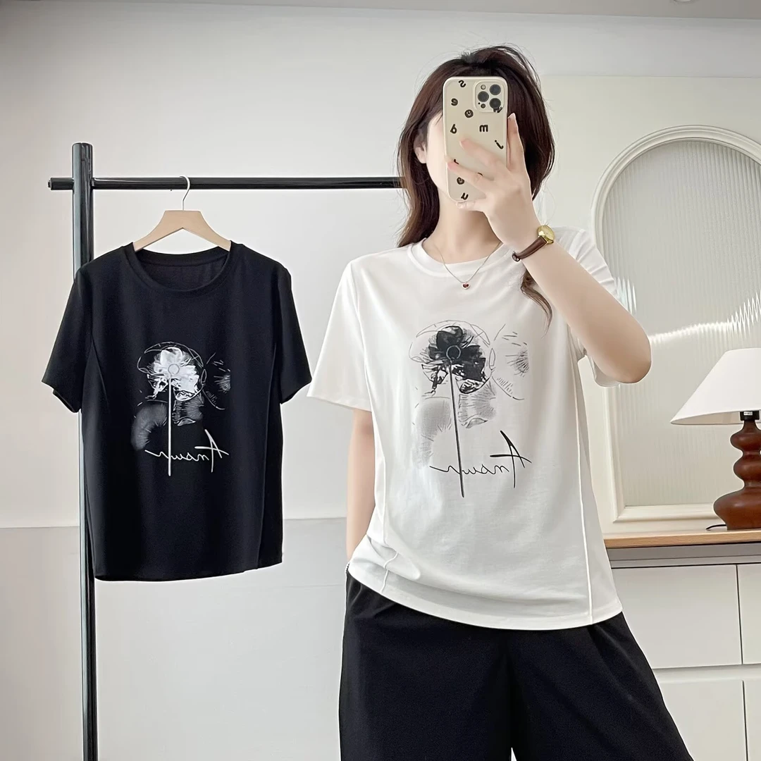 韩版时尚休闲大码女装百搭夏季宽松半袖圆领印花显瘦棉t恤打底衫