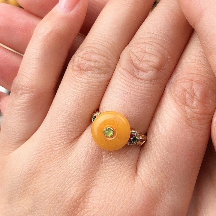蜜蜡戒指银S925镶嵌戒指