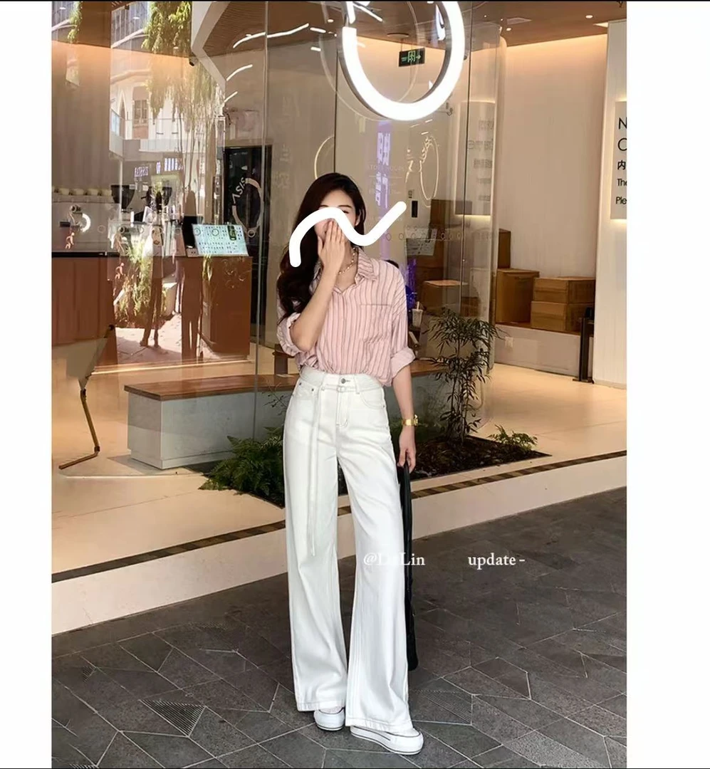 白色牛仔裤女25年夏季款宽松显瘦直筒阔腿裤白色水洗302