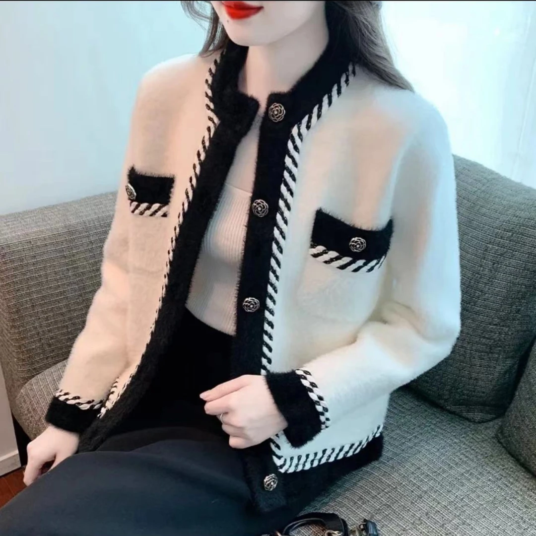 2164-小香风时尚百搭双面绒春季上衣女气质开衫-圆领麻绳花边