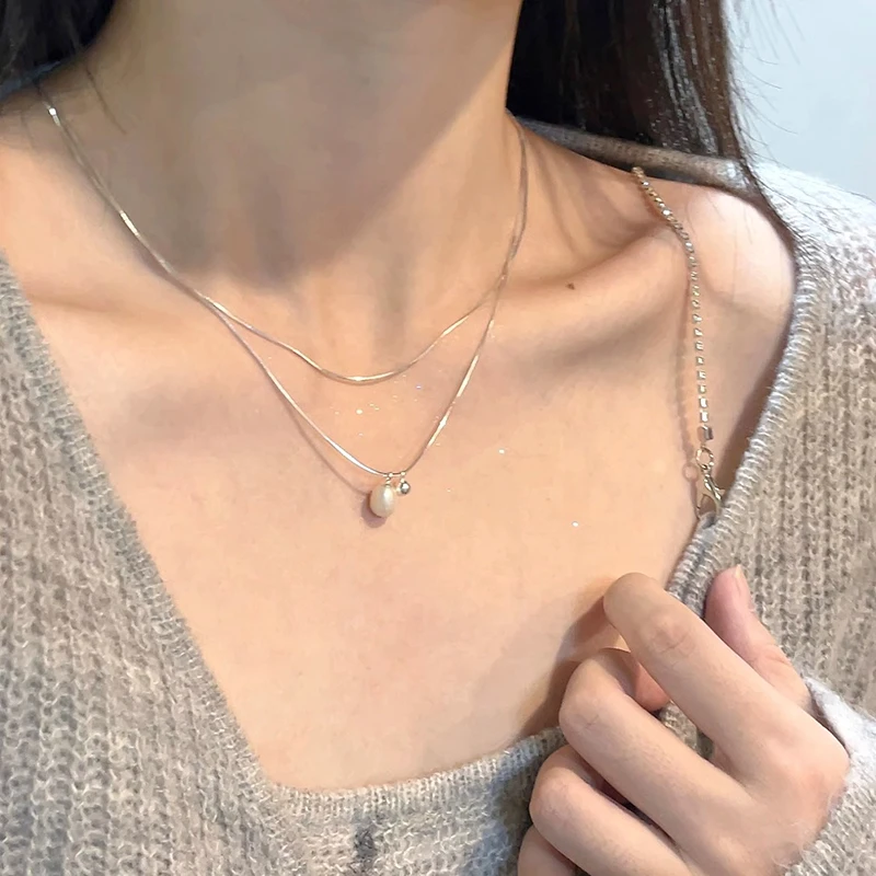 钛钢项链 梅姐饰品87 双层叠戴珠珠项链女小众轻奢高级感锁骨链
