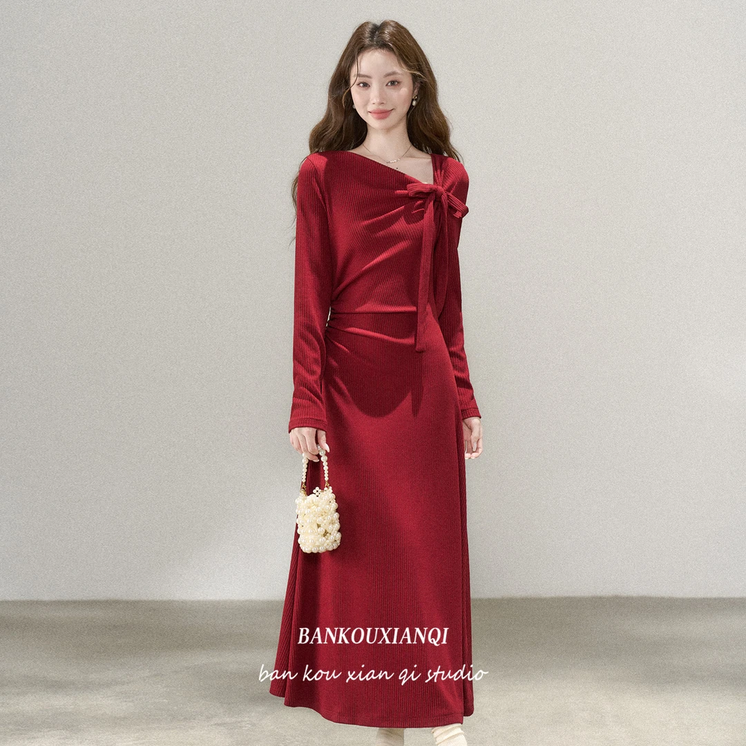 半口仙气秋季新款法式红色长袖针织气质连衣裙回门服新娘敬酒服女