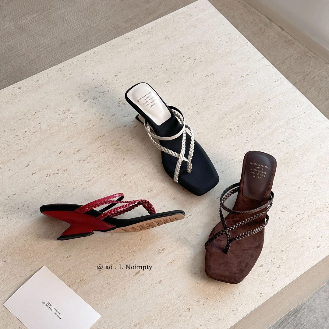 5cm牛皮中跟欧美时尚方头夏季编织坡跟鞋时尚凉鞋仙女风女