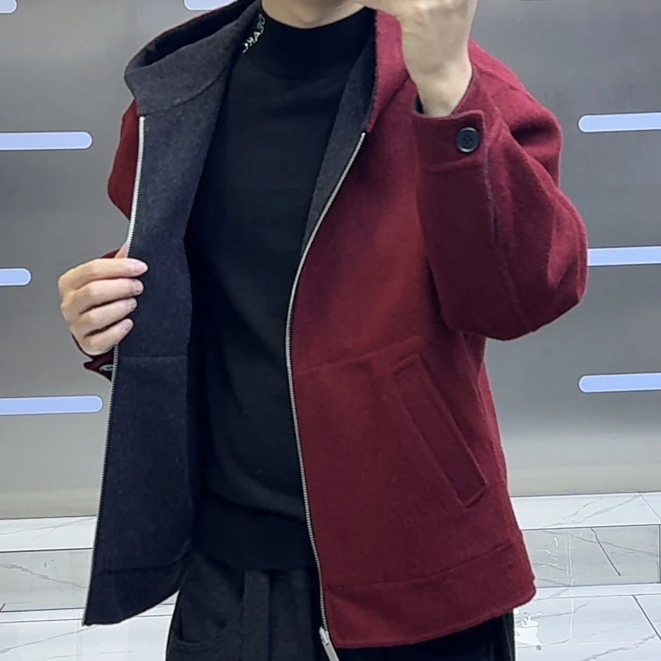 秋冬季男士（俩面穿）短款羊毛连帽潮流百搭夹克外套宽松加厚