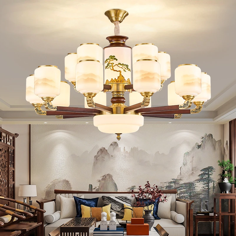 一珊照明迎客松全铜胡桃木客厅卧室餐厅别墅中空挑空大气实木吊灯