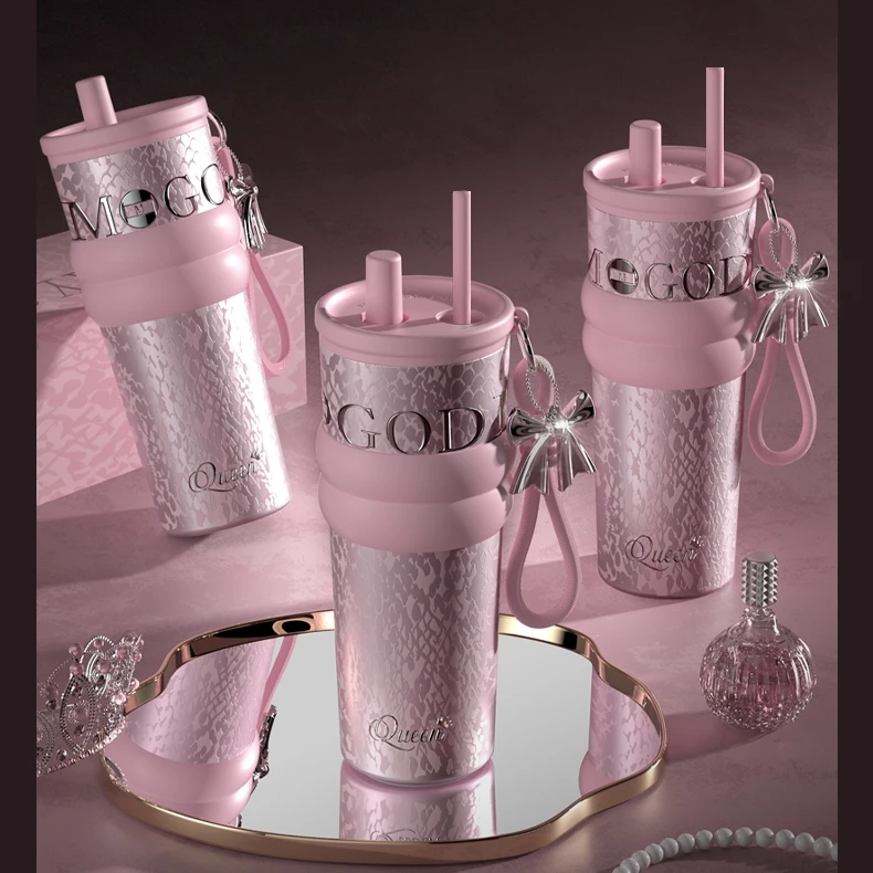 HOOMEY【礼物送女生】吸管杯保温杯女316不锈钢杯子车载便携简约