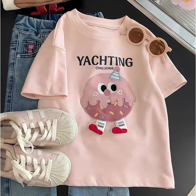 女童短袖T恤夏装2025新款洋气儿童女孩夏季宽松圆领韩版卡通上衣