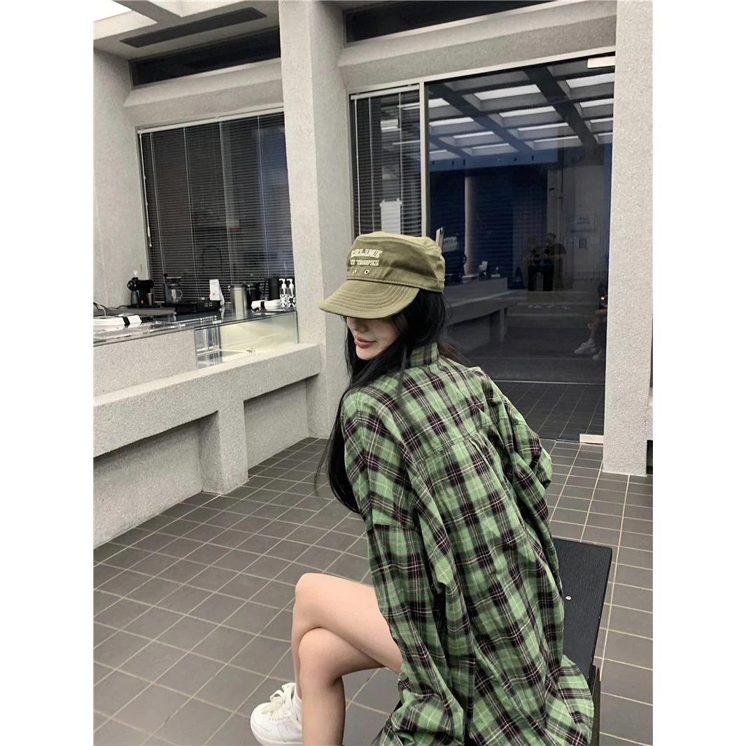 hiphop街舞爵士舞衬衫复古绿色格子长袖防嗮衬衫薄慵懒感外套上衣