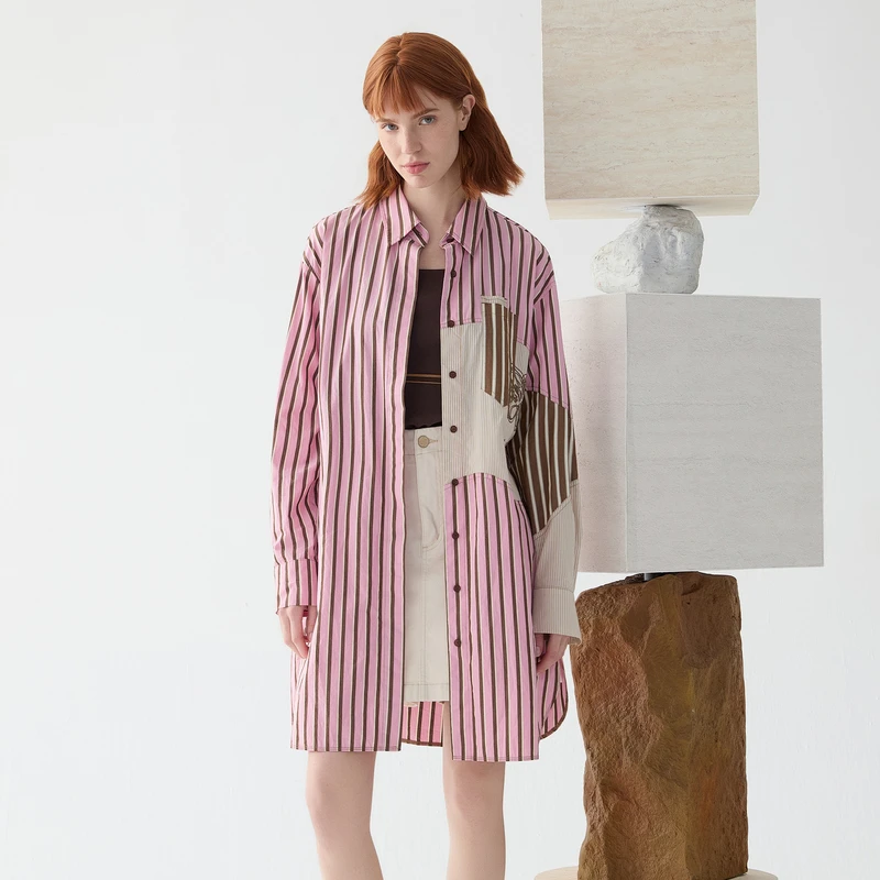 谜底粉色条纹衬衫裙2025春季新品复古文艺绣花H型连衣裙251ML0114