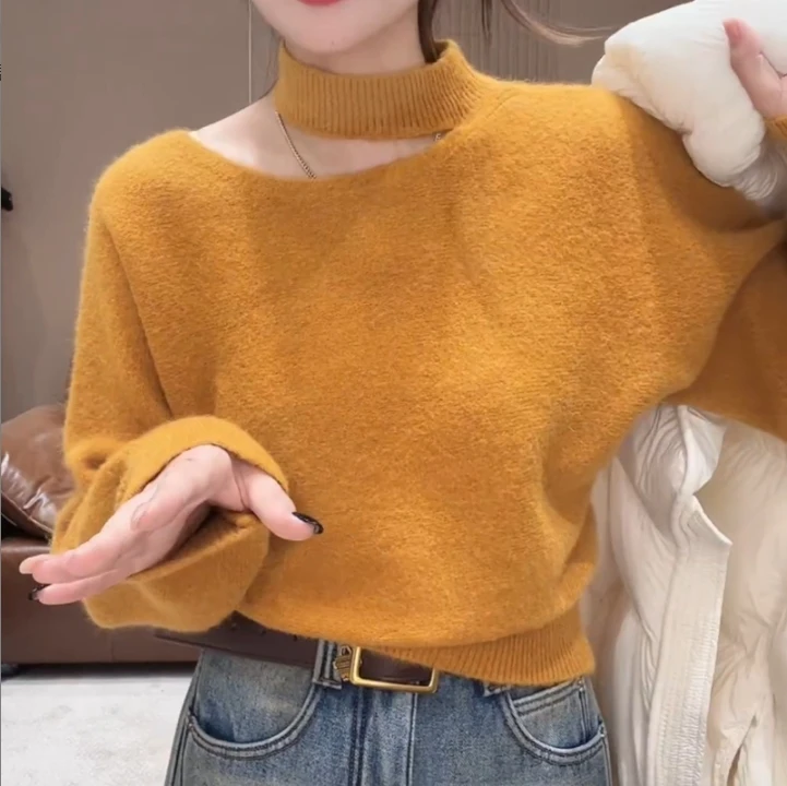2025年新款网红毛衣冬季打底衫时尚针织拼接正肩袖毛针织衫厚款