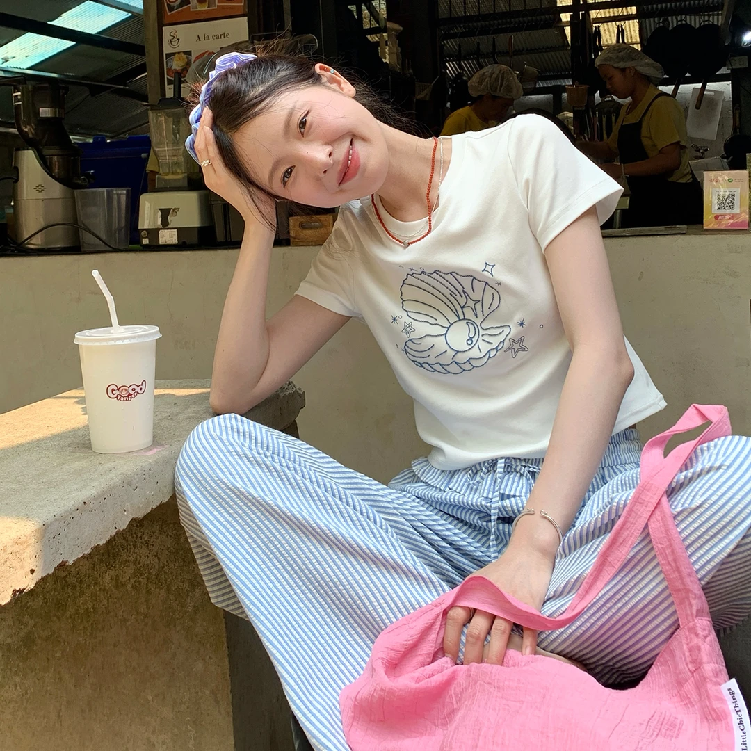 夏季新款贝壳印花正肩短袖T恤女韩版休闲百搭修身显瘦辣妹上衣女