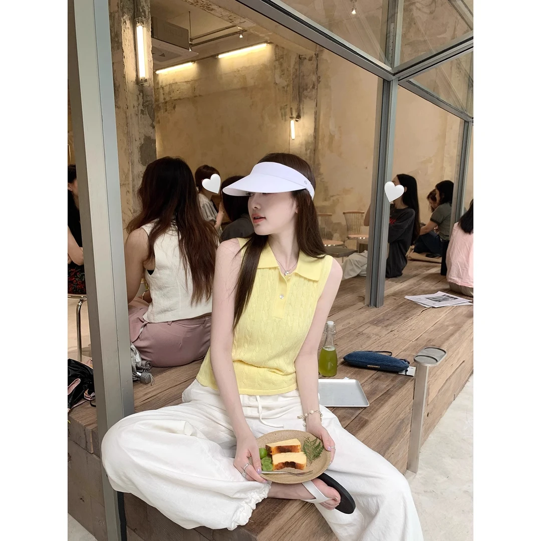 麻花肌理纹黄色针织背心女2025夏季新款无袖POLO领上衣百搭小衫