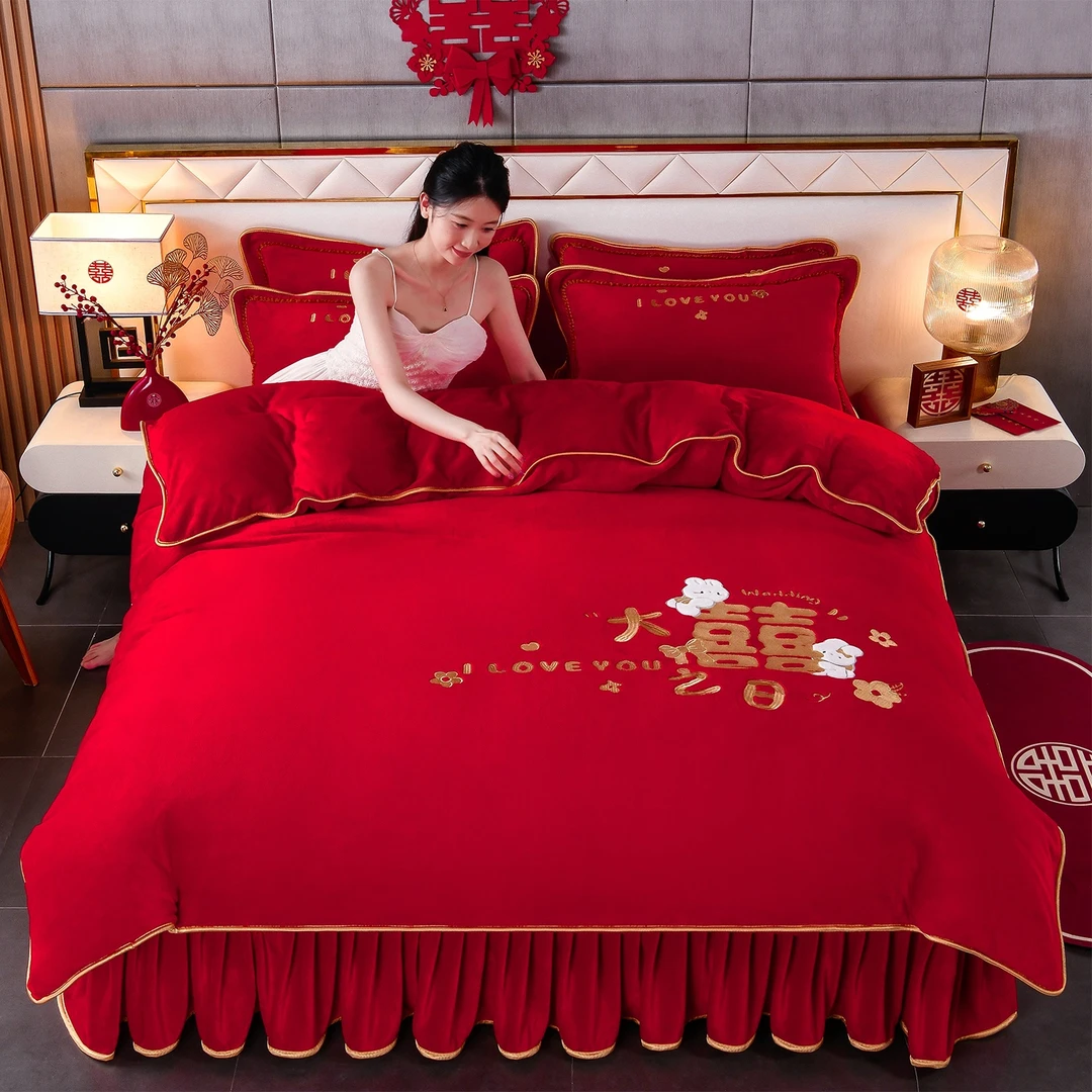 新中式保暖床品套件大红色婚庆牛奶绒四件套加厚婚庆被罩加绒被子