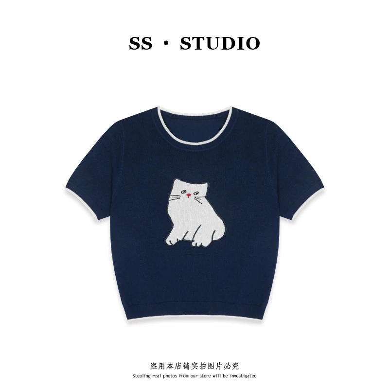 【SUSU】“猫咪”刺绣圆领针织衫夏季薄款休闲百搭短袖上衣SS-5639