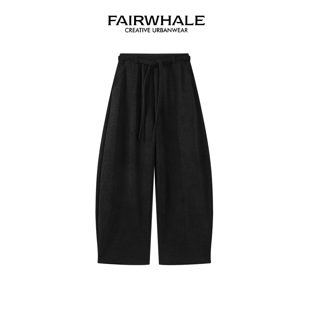 马克华菲加绒设计感宽松时尚阔腿裤秋冬休闲百搭纯色抽绳弯刀裤女