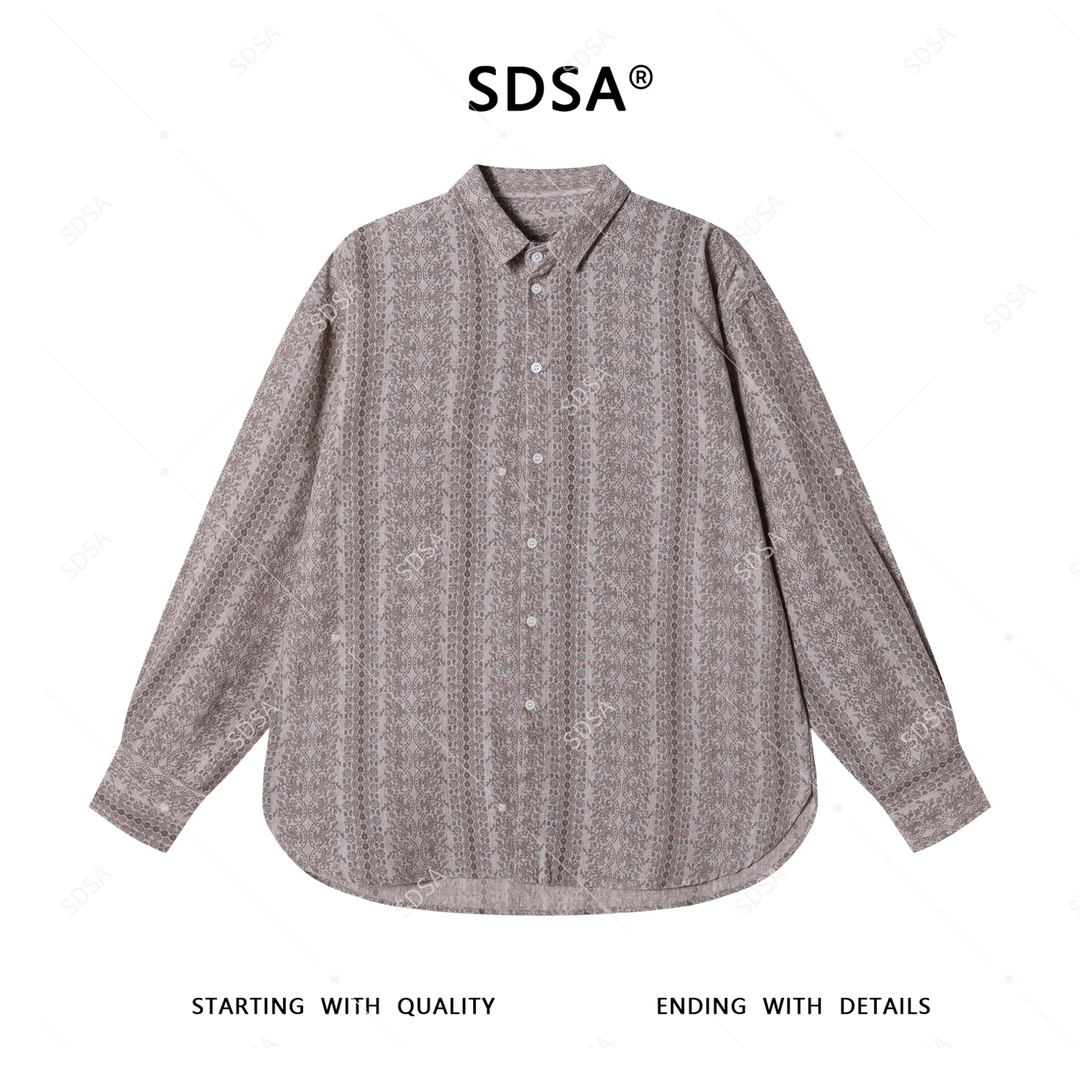 SDSA秋季新款男士痞帅简约下摆不规则设计花卉纽扣长袖衬衫复古