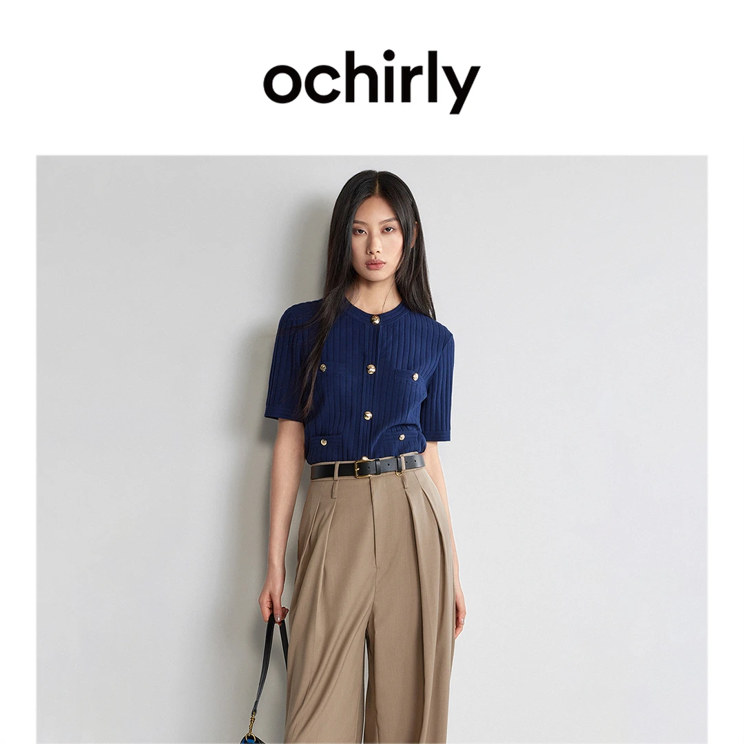 套1ochirly小香风针织衫新款夏装法式坑条透气雅丹风蓝色通勤职场