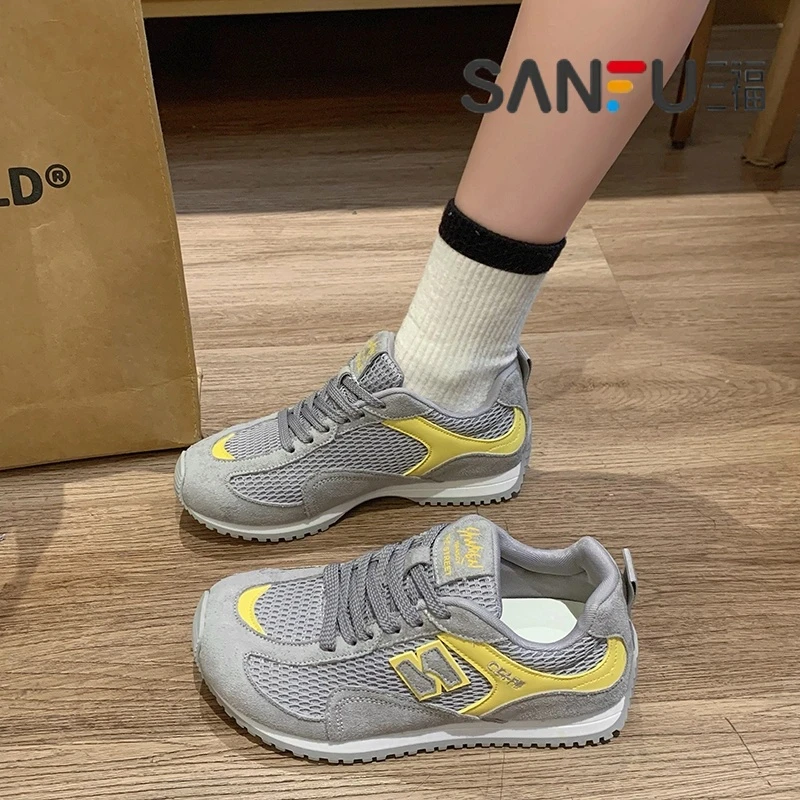 三福网面德训鞋女2025夏季新款爆款平底休闲小白鞋软底运动阿甘鞋