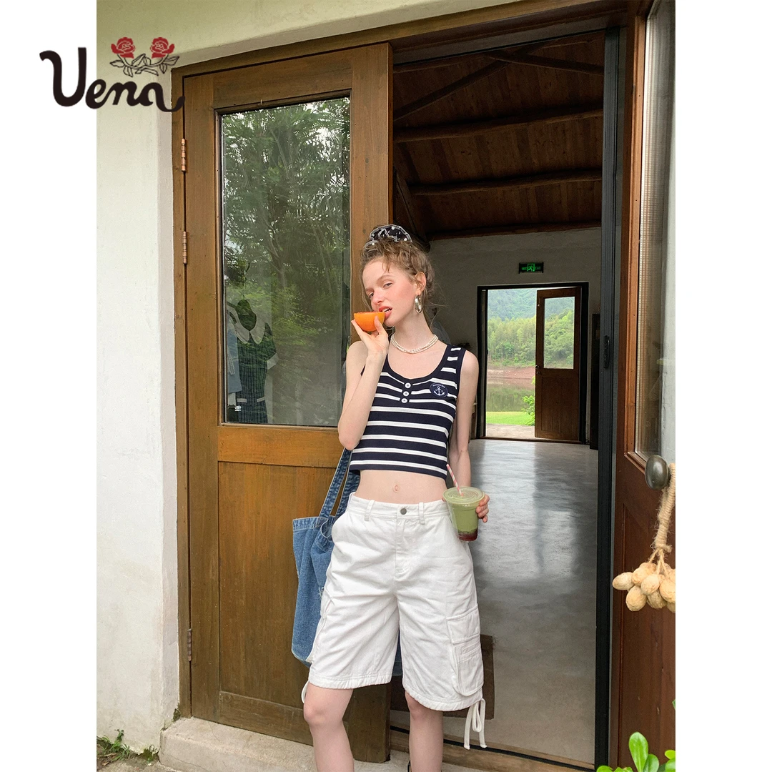 【盐湖云迹】Uena美式复古白色多口袋下摆抽绳宽松直筒工装五分裤