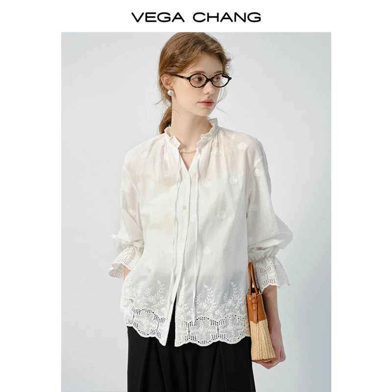 VEGA CHANG衬衫女上衣2025新款春夏法式镂空系带蝴蝶结衬衣外套