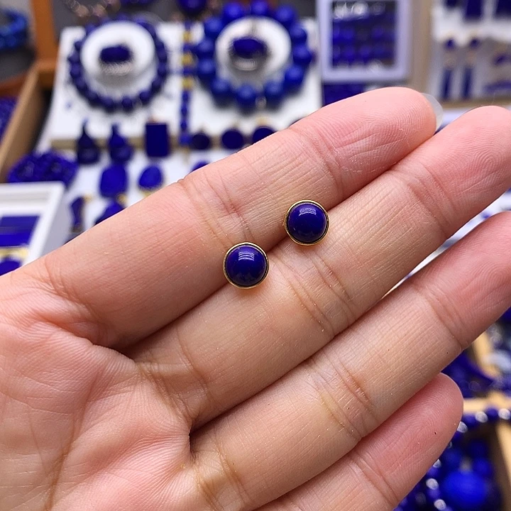 青金石银S925镀金镶嵌耳钉