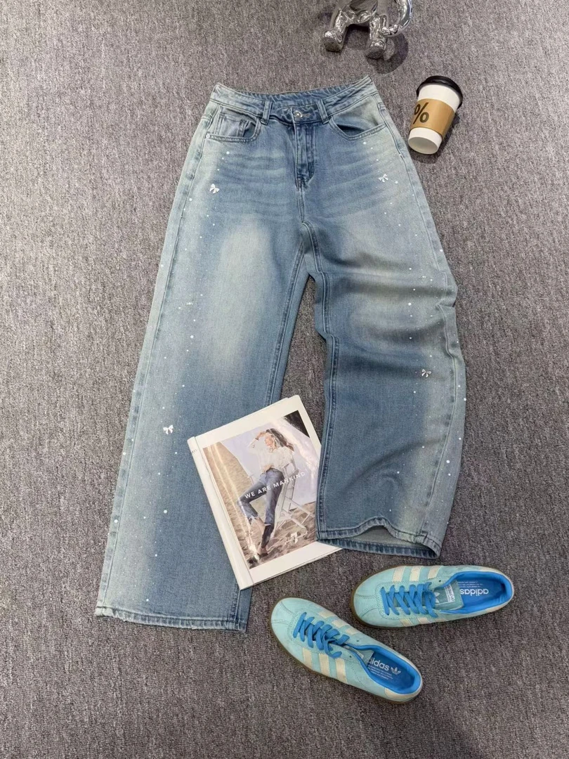 高端定制欧货设计高级感烫钻阔腿牛仔裤