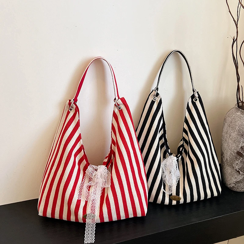 新款时尚女包百搭单肩包大容量条纹包休闲包托特包