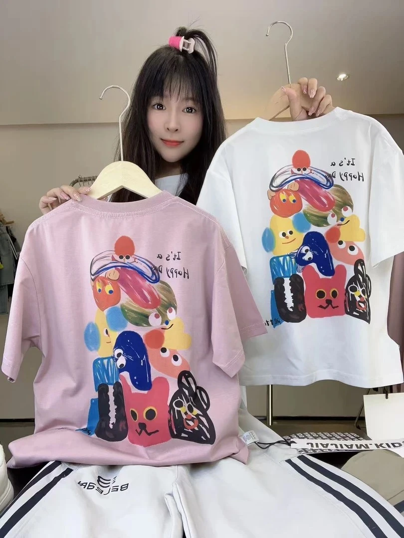 亲子多色系短袖T恤 2025新款夏季时尚百搭设计师男女童宽松短袖