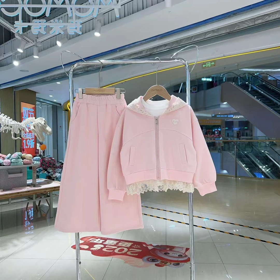 MOMOCO女童春季新款蕾丝花边连帽两件套装20250225002