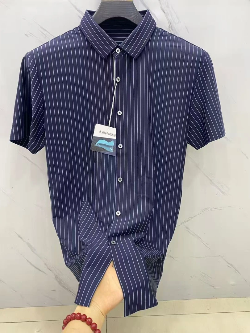 夏季冰丝速干短袖衬衫男高弹透气舒适经典竖条纹