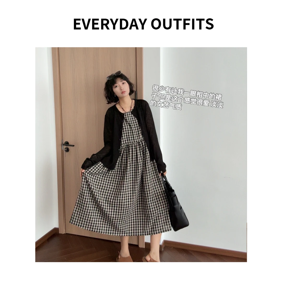 RIDA· 轻法式格子连衣裙5E15显瘦复古气质宽松夏季 6161清仓