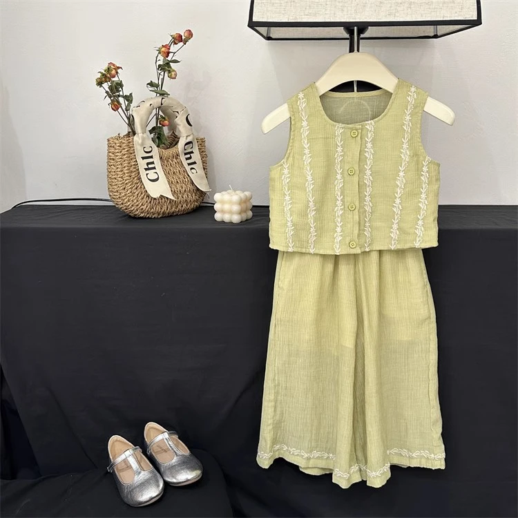 现货【夏日青柠】女童背心两件套小女孩夏装儿童短款上衣阔腿裤套装