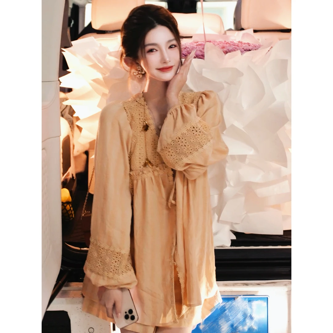 GUIDI GUDI【甜味少女】黄加蓝两件套衬衫+短裤套装