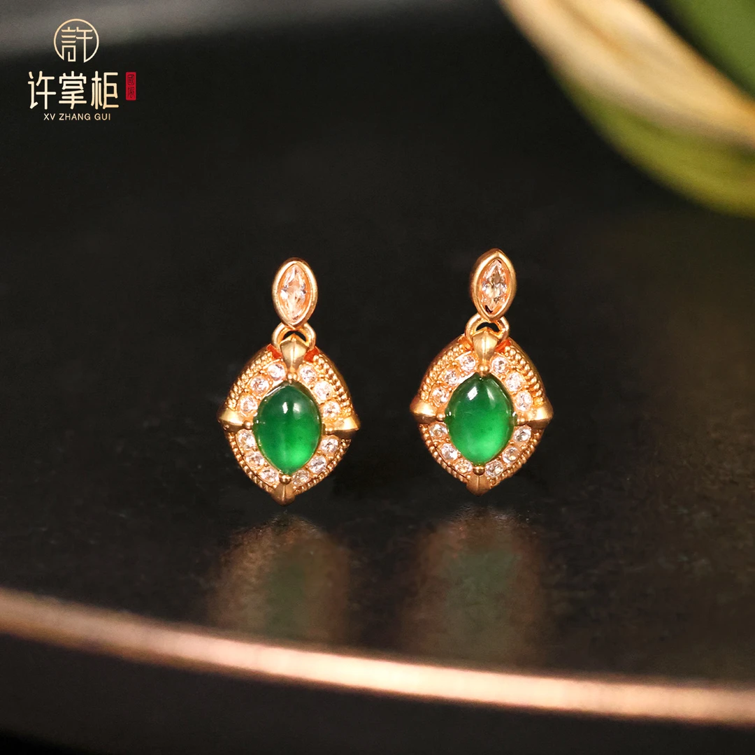 许掌柜｜18K金翡翠耳钉天然缅甸翡翠A货国潮风马眼形配饰精致优雅