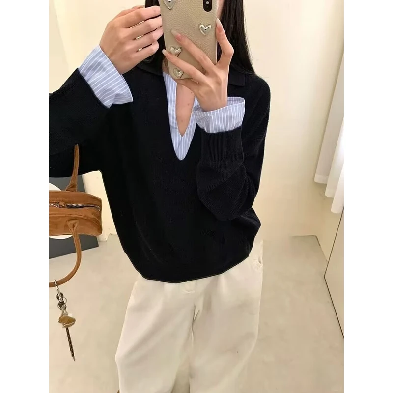 韩版设计感V领条纹针织衫女秋季2025法式宽松显瘦百搭设计感上衣